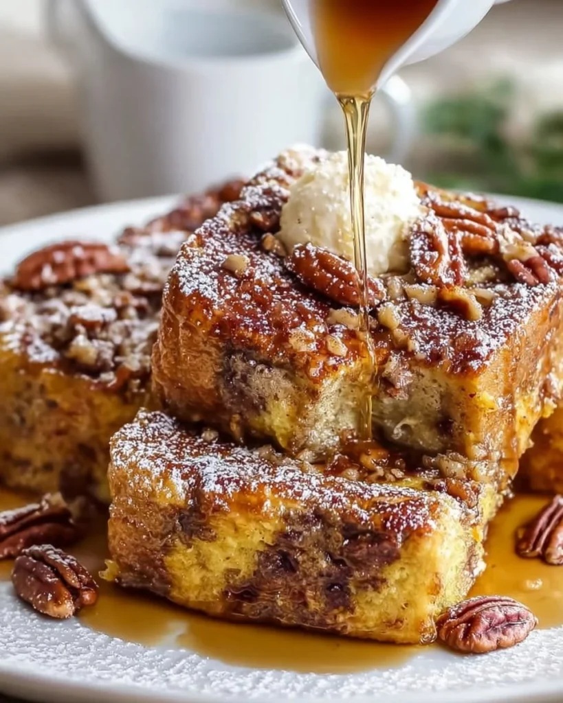 Delicious baked pecan French toast topped with syrup and pecans