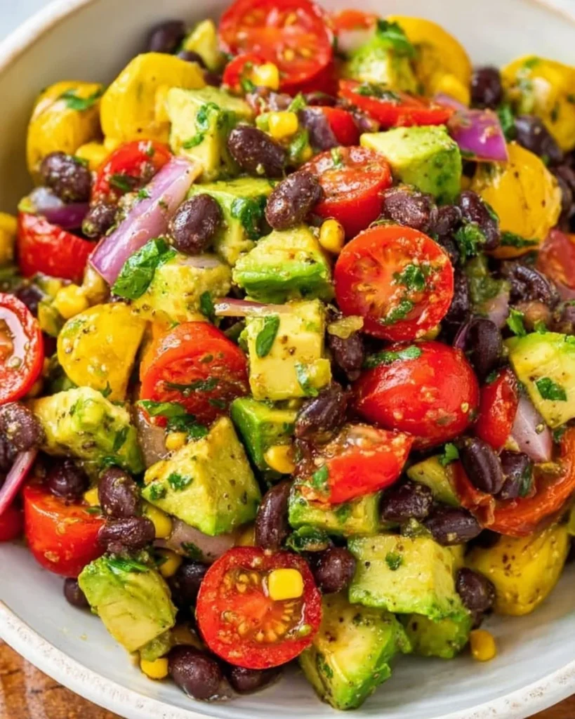 A vibrant Black Bean Avocado Salad with fresh ingredients and colorful presentation.