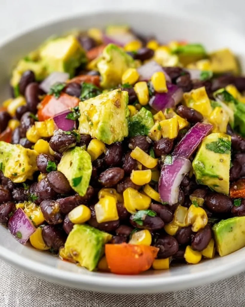 Colorful Black Bean Corn Avocado Salad with fresh ingredients
