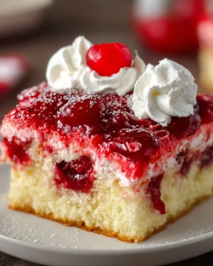 Delicious Cherry Cheesecake Poke Cake topped with fresh cherries and whipped cream