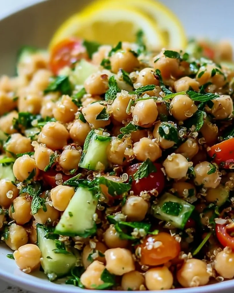 Chickpea herb salad featuring fresh herbs and vibrant vegetables