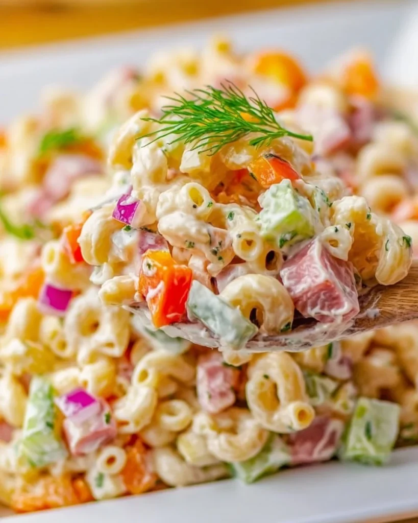 Delicious creamy macaroni salad in a bowl, perfect for picnics and barbecues