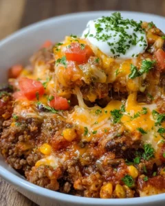 Delicious Crockpot Taco Casserole dish served in a bowl with toppings.