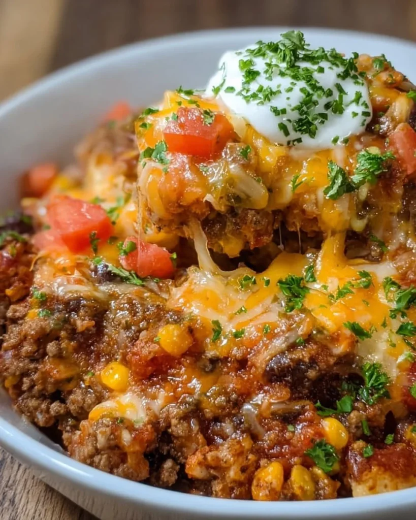 Delicious Crockpot Taco Casserole dish served in a bowl with toppings.