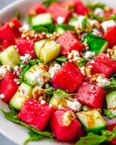 A vibrant Cucumber Watermelon Salad served in a bowl, featuring fresh cucumbers and watermelon.