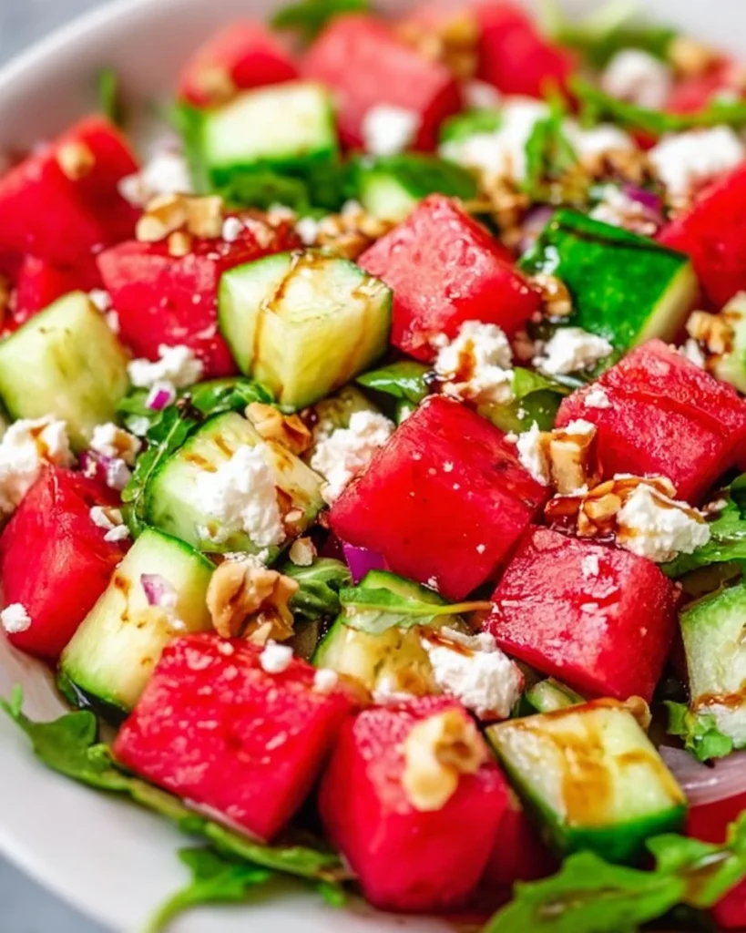 A vibrant Cucumber Watermelon Salad served in a bowl, featuring fresh cucumbers and watermelon.
