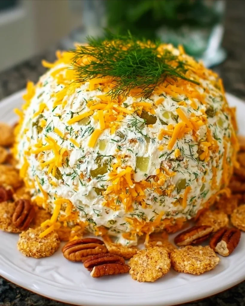 Dill Pickle Cheese Ball served on a platter with crackers and veggies