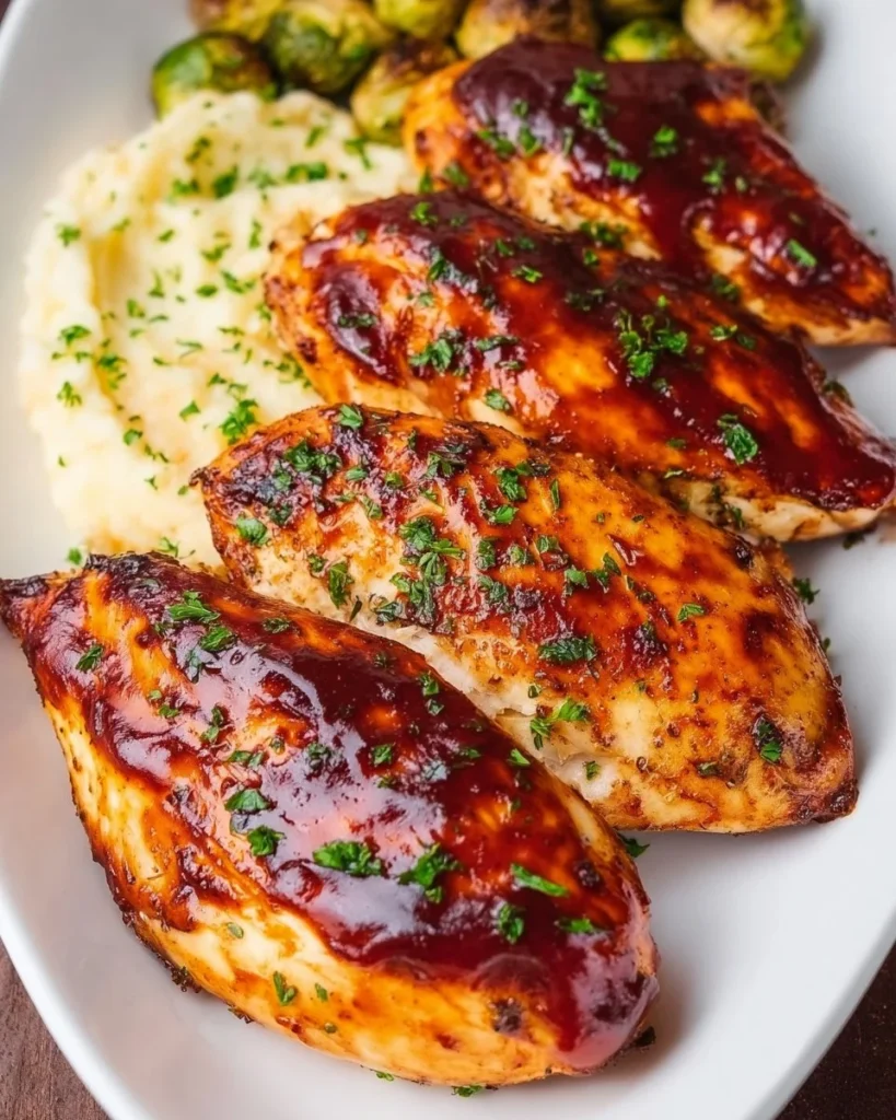 Deliciously grilled easy barbecue chicken with a smoky glaze on a platter.