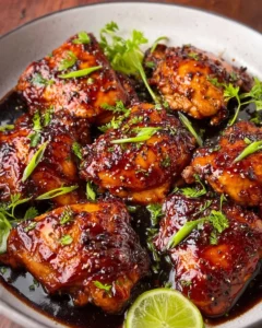 Delicious easy sticky glazed chicken served on a plate with vegetables