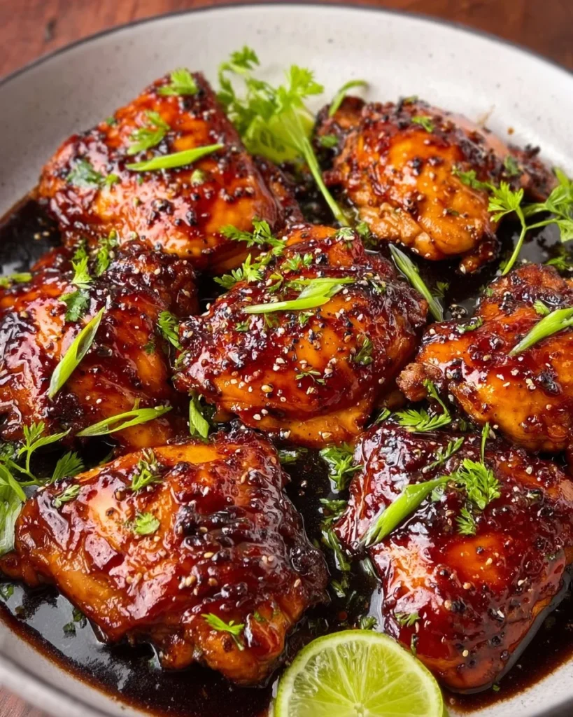 Delicious easy sticky glazed chicken served on a plate with vegetables