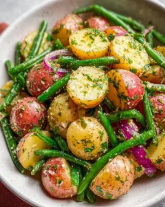 Delicious French potato salad with green beans served in a bowl