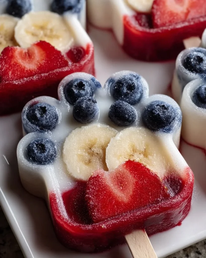 Colorful patriotic yogurt pops on a red, white, and blue theme.