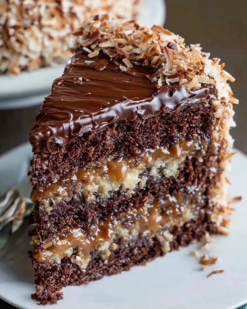 Slice of German Chocolate Cake with chocolate frosting and coconut topping