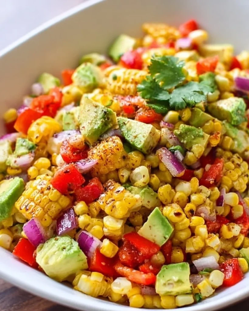 Delicious Grilled Corn Salad with fresh ingredients ready to serve.