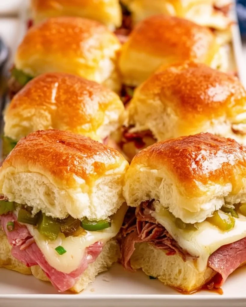 Hawaiian roll roast beef sliders with melted cheese and toppings on a platter