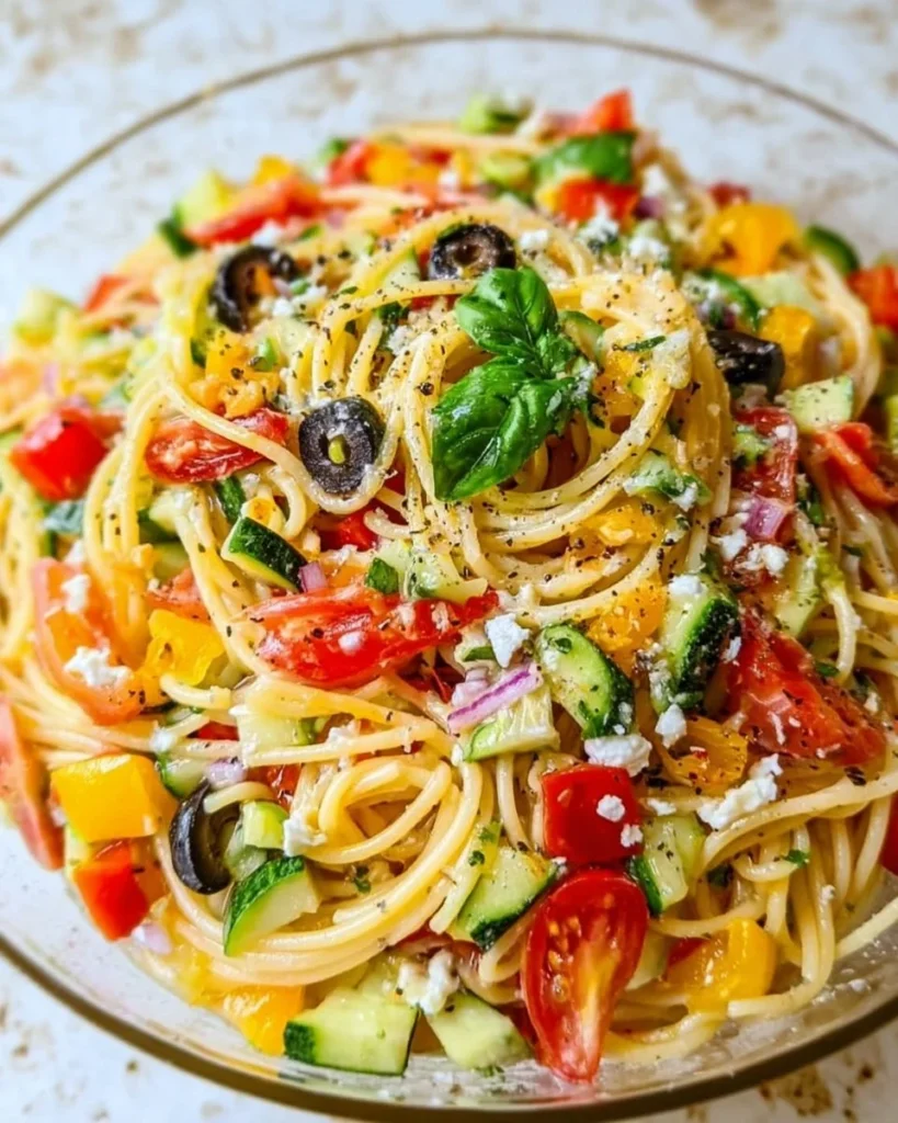 Italian spaghetti salad with fresh vegetables and dressing in a bowl.