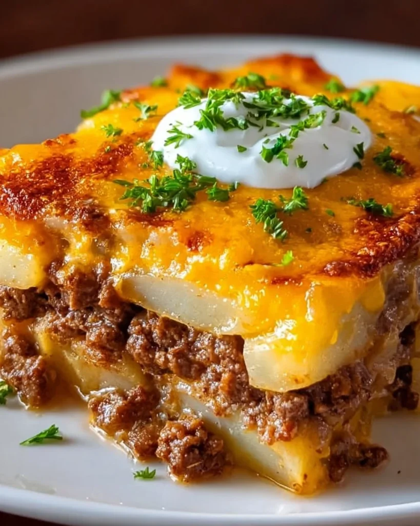 Loaded Beef and Potato Bake with cheese and herbs in a baking dish