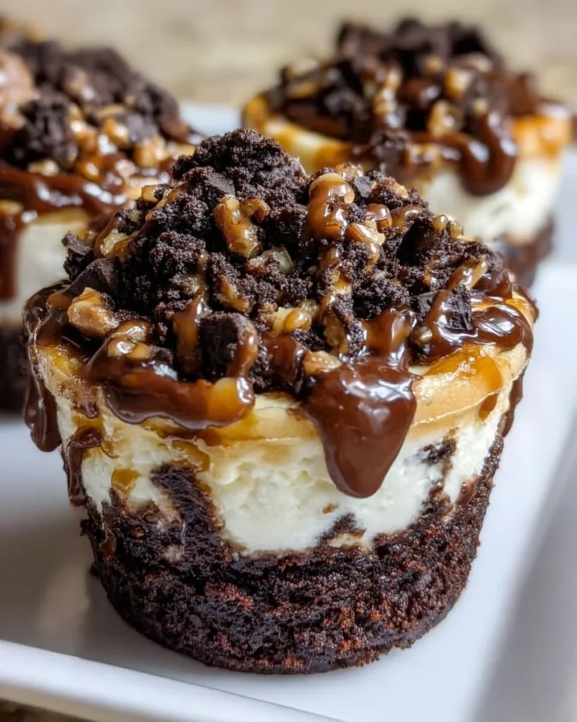 Delicious loaded brownie cheesecake cups topped with chocolate and cream