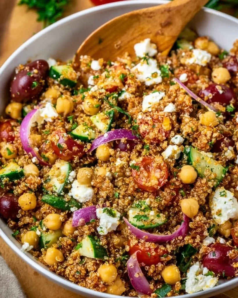 Mediterranean Chickpea Quinoa Salad with colorful vegetables in a bowl