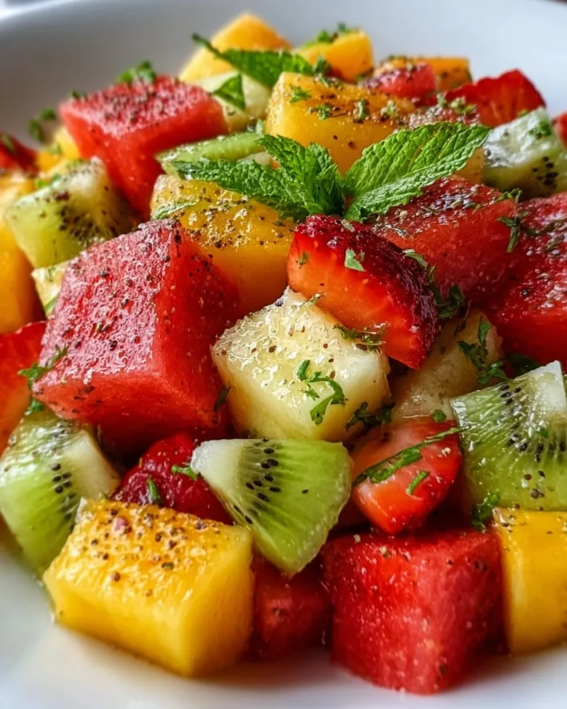 Colorful Mexican Fruit Salad with fresh fruits like mango, papaya, and lime.