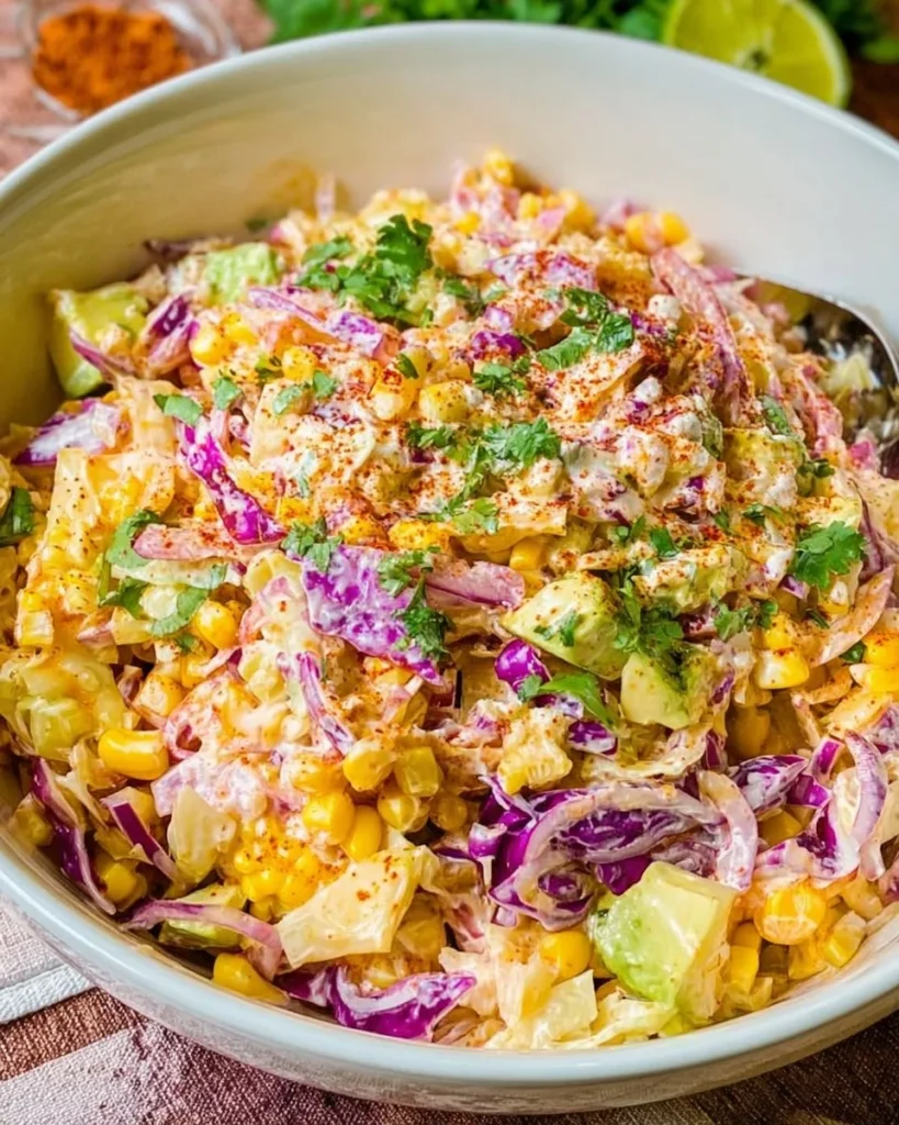 Mexican Street Corn Cabbage Salad featuring corn, cabbage, and toppings.