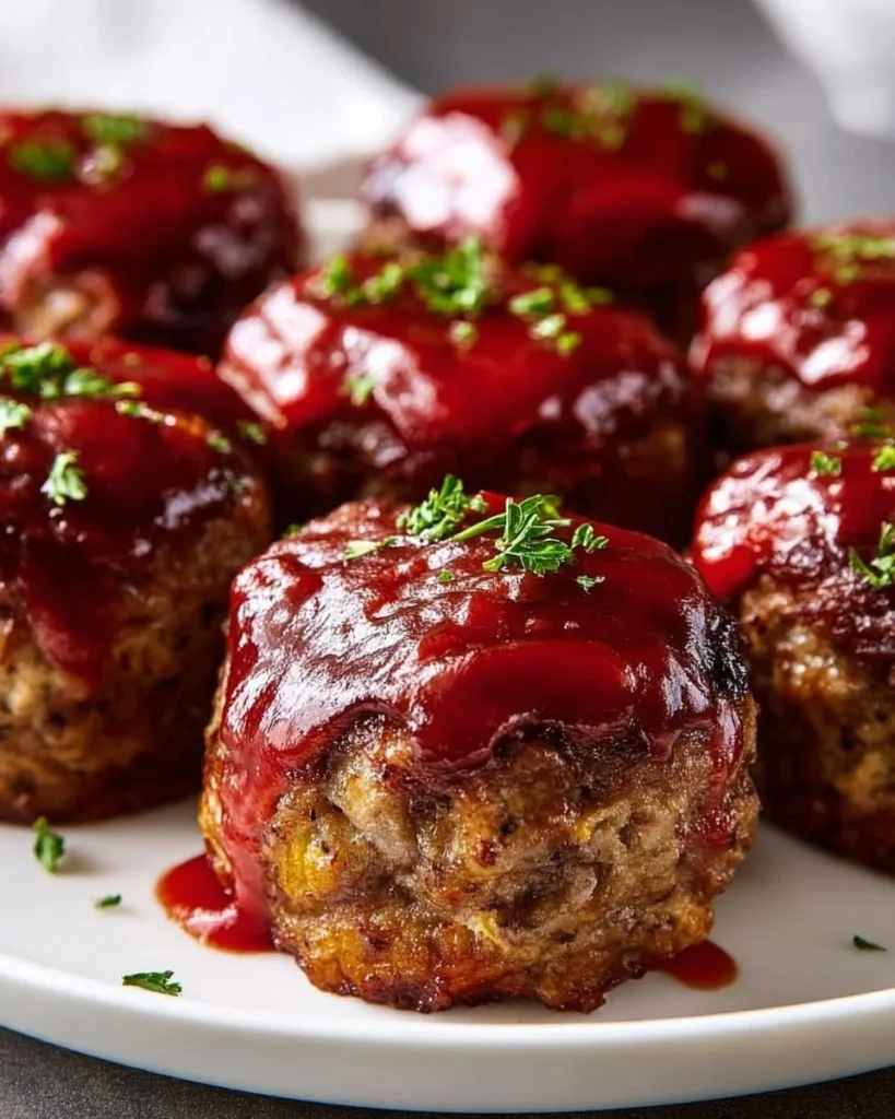 Mini meatloaf muffins on a plate, garnished with parsley.