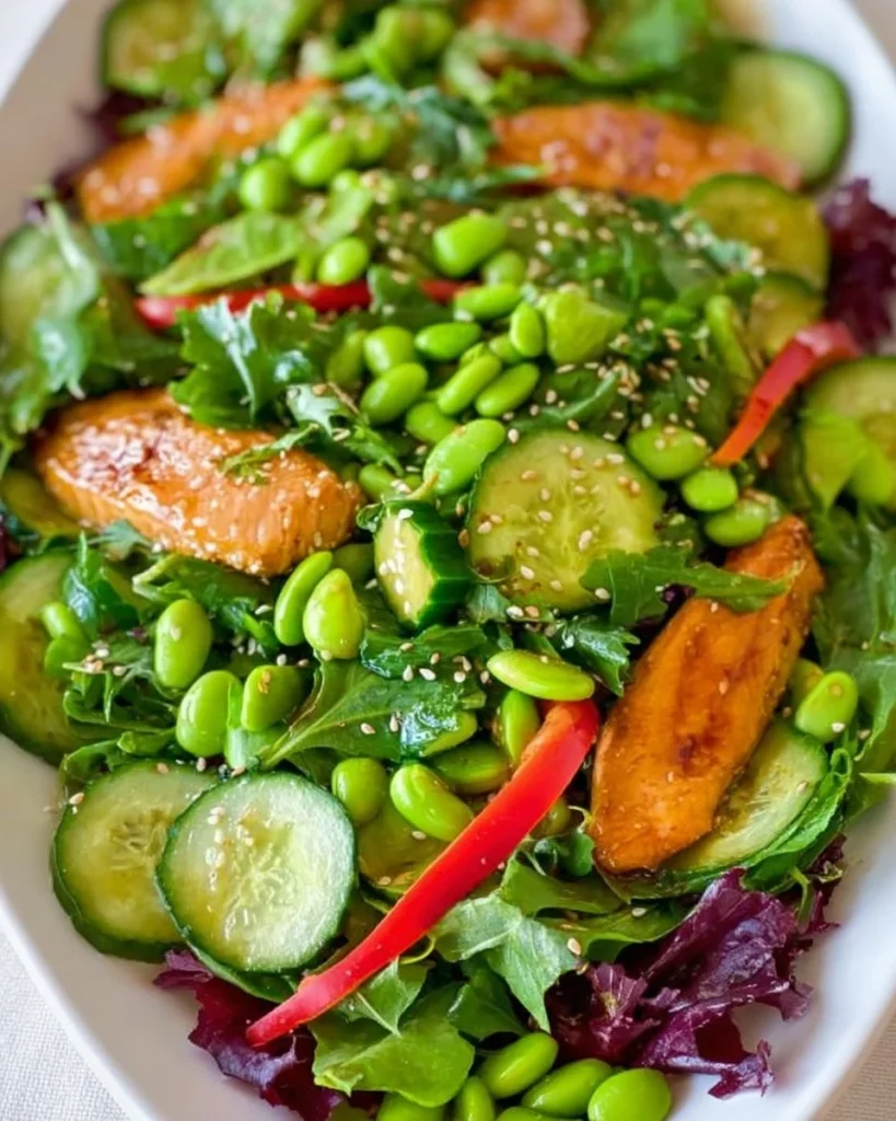 Mixed green salad with sesame ginger vinaigrette in a bowl