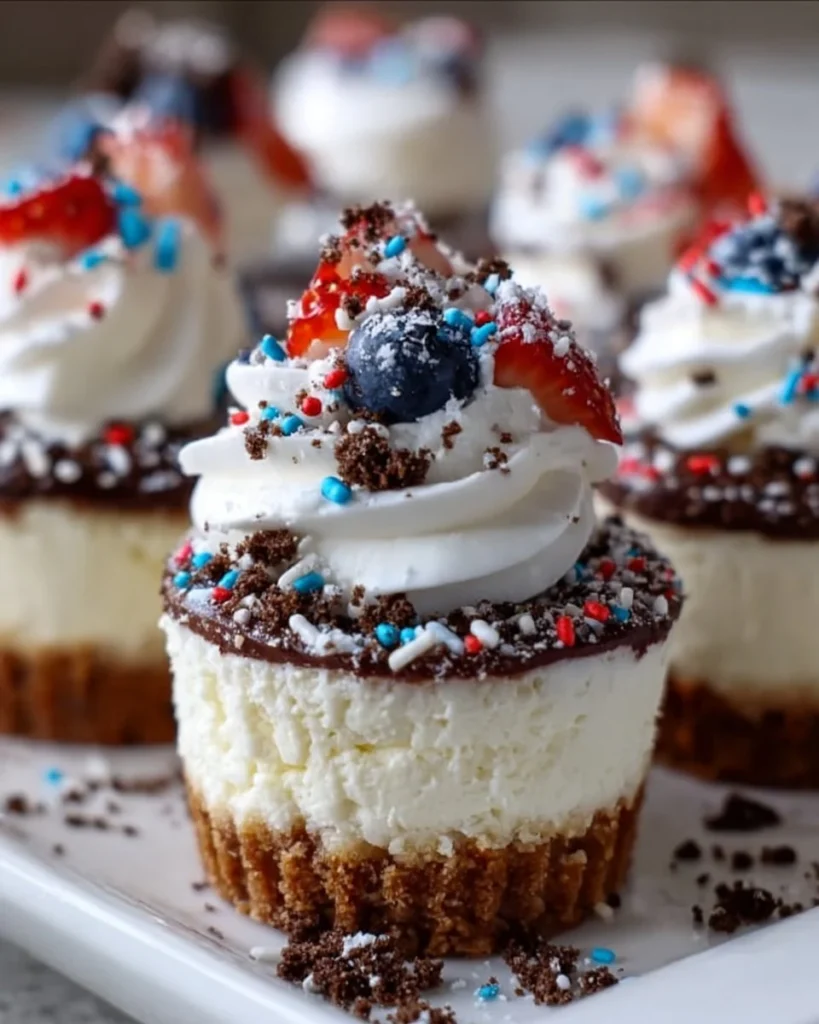 No-bake firecracker cheesecake bites on a white plate with toppings.