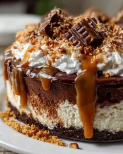 Delicious no-bake German chocolate cheesecake topped with coconut and pecans