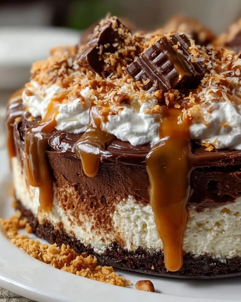 Delicious no-bake German chocolate cheesecake topped with coconut and pecans