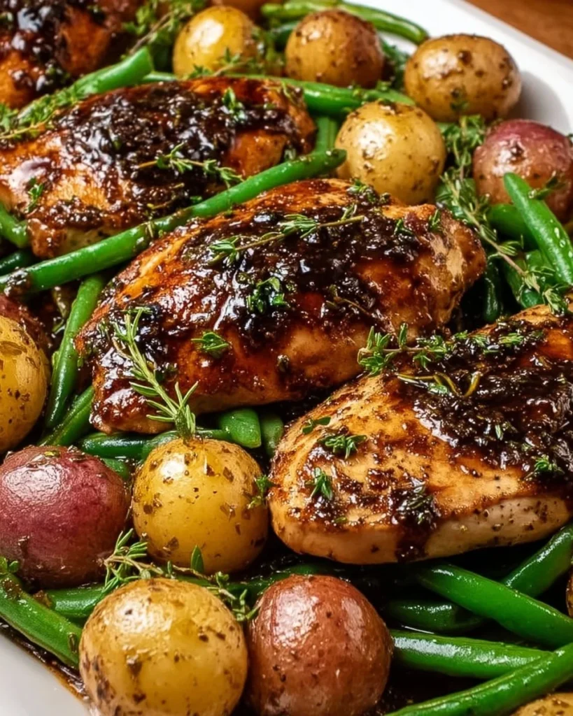 One-Pan Balsamic Chicken with Green Beans and Potatoes on a serving plate.