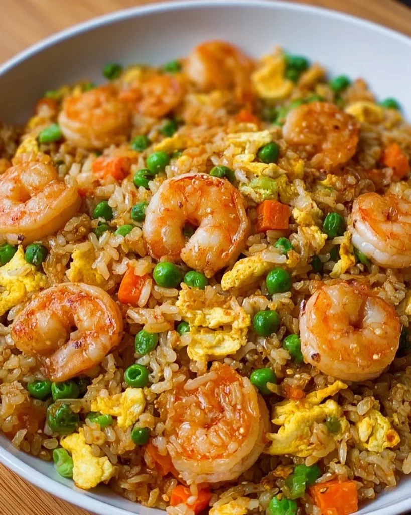 One skillet shrimp fried rice prepared with fresh ingredients and spices