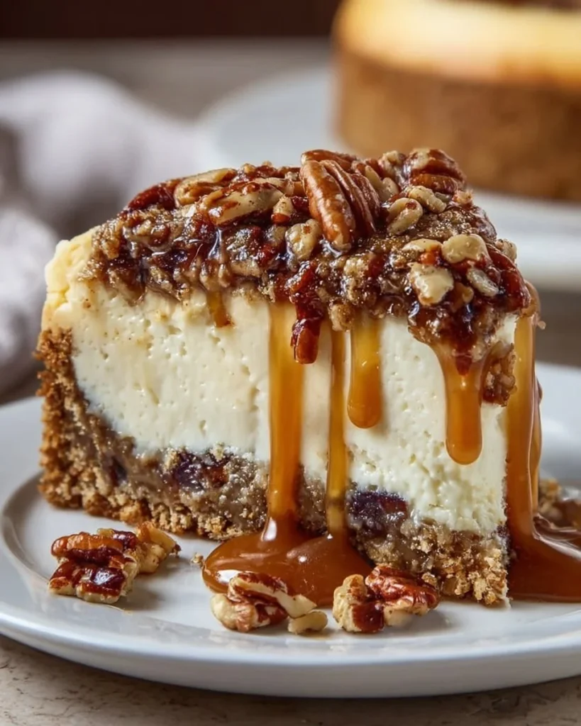 Delicious pecan pie cheesecake with a rich topping and crust.