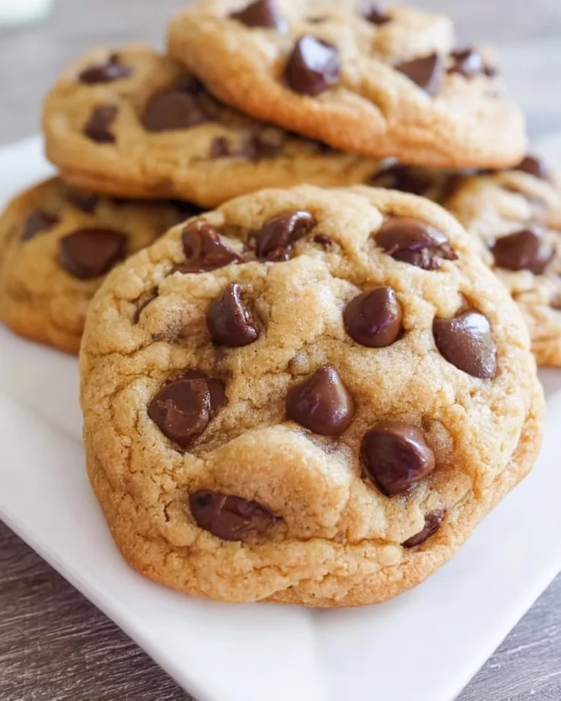 Deliciously soft and chewy chocolate chip cookies on a plate.