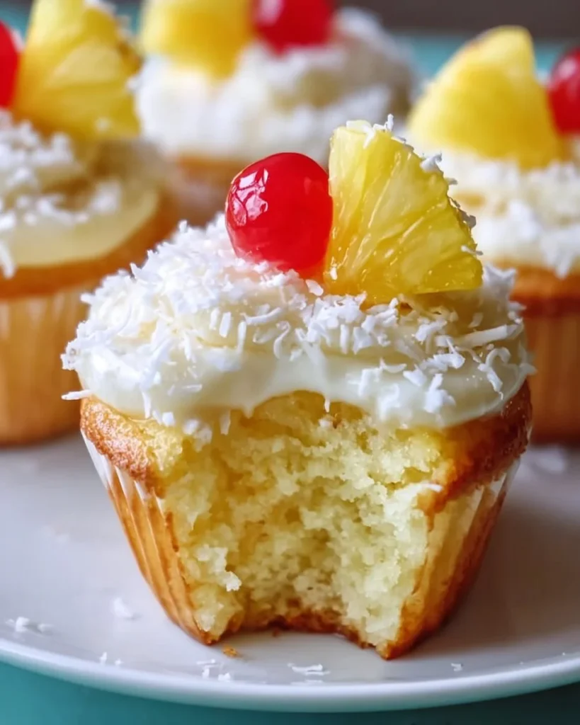 Delicious pineapple coconut cupcakes topped with creamy frosting and coconut flakes