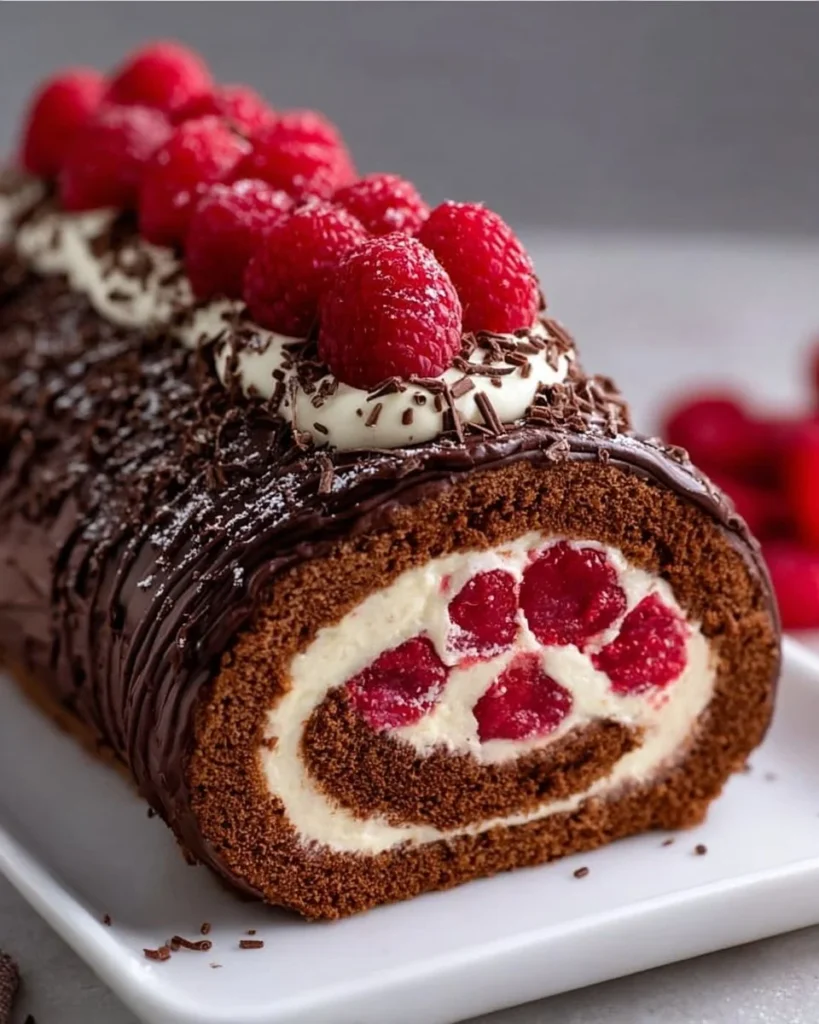 Raspberry Chocolate Roll Cake with rich chocolate and fresh raspberries