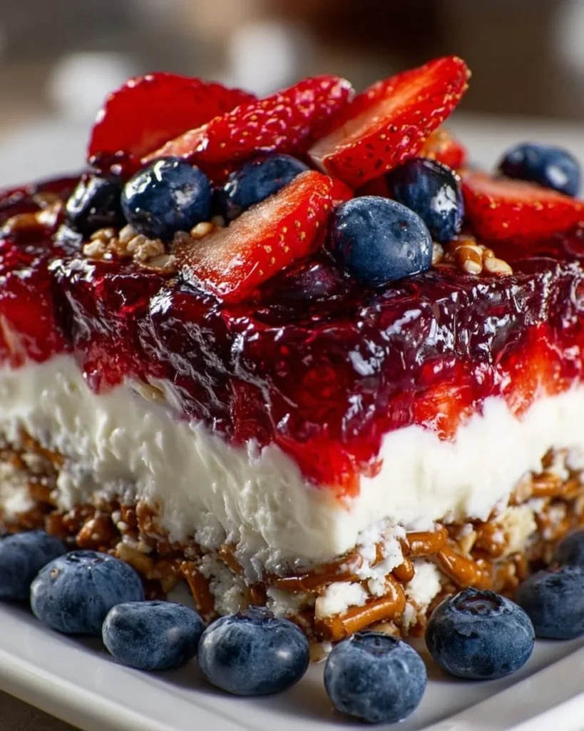 Red White and Blue Pretzel Salad with layers of cream cheese and berries