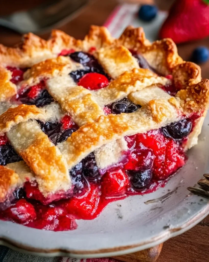 Delicious Rhubarb Mixed Berry Pie with a flaky crust and colorful filling