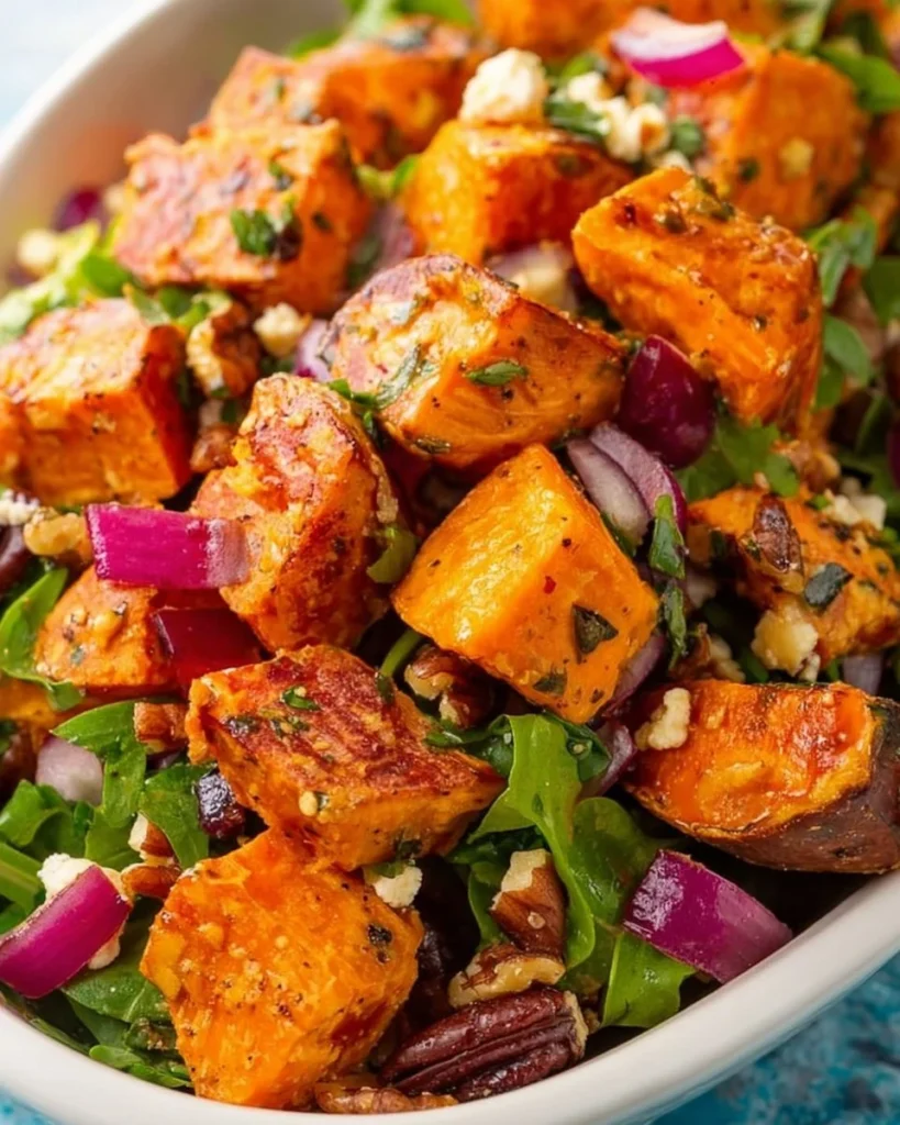 Delicious roasted sweet potato salad with fresh greens and toppings