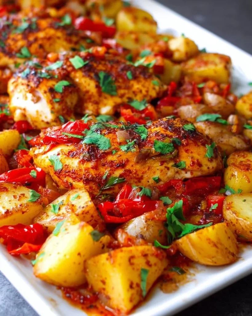 A delicious sheet pan chicken dish with potatoes and salsa ready to serve.
