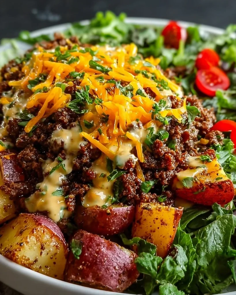 Delicious Smash Burger Bowl topped with fresh ingredients and flavors.