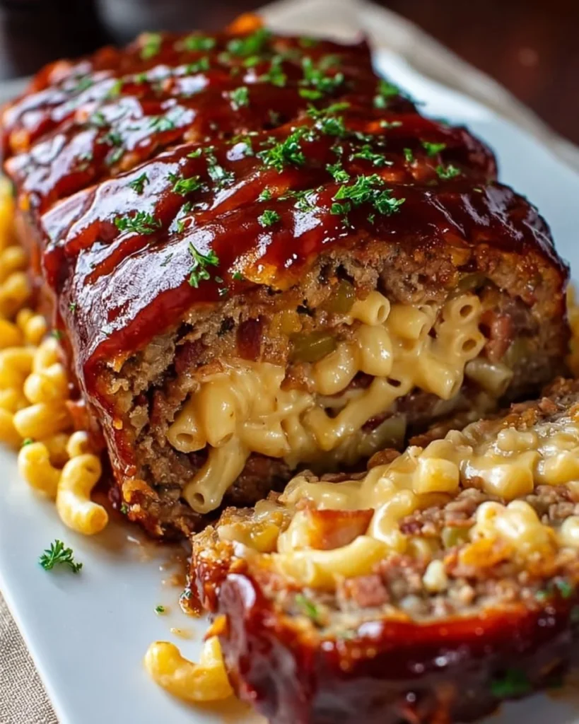 Sticky Maple BBQ Bacon Meatloaf stuffed with creamy mac and cheese