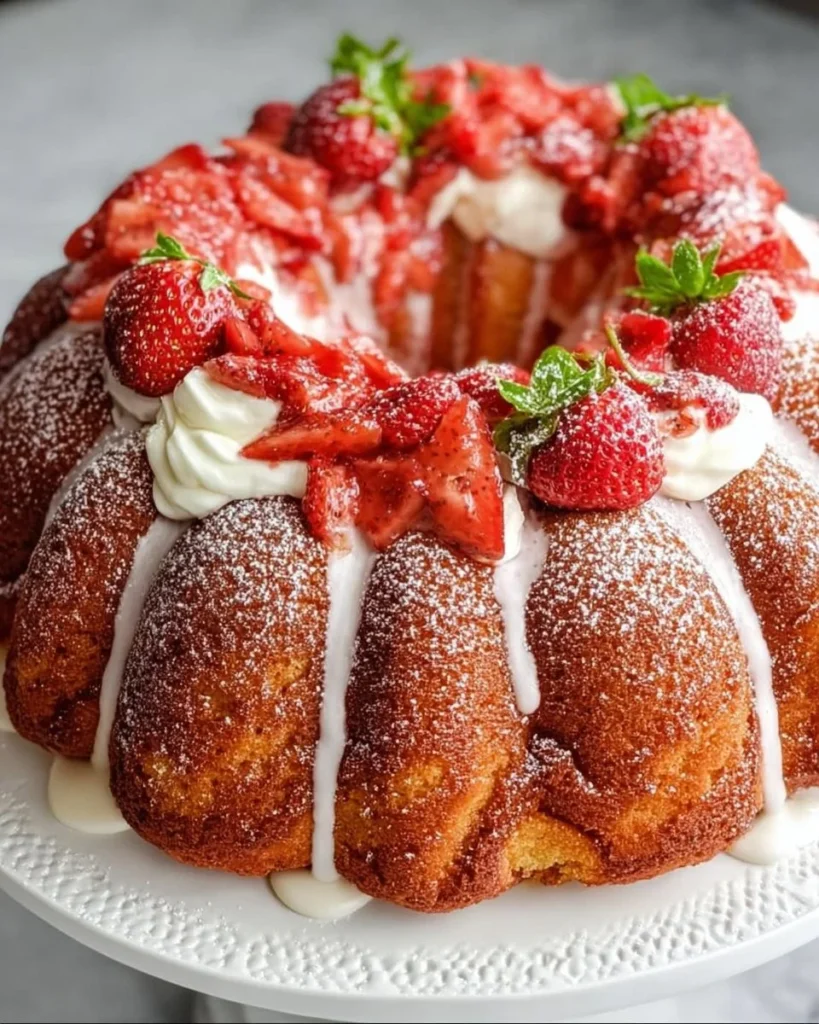 Strawberry cake mix Bundt cake topped with fresh strawberries and cream