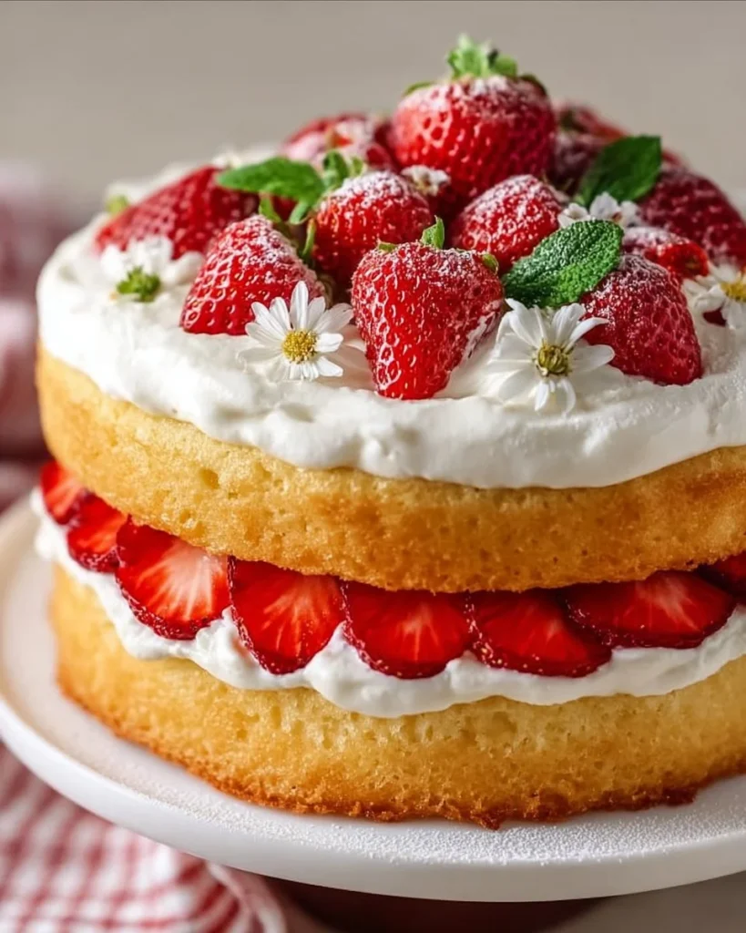 Delicious Strawberry Shortcake Cake topped with fresh strawberries and whipped cream.