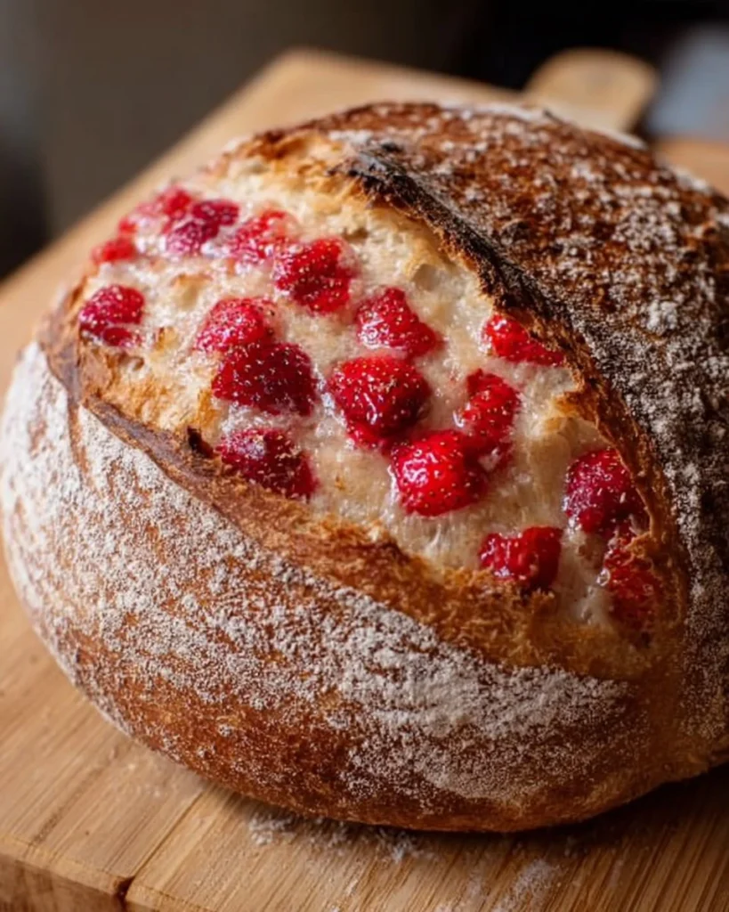 Freshly baked strawberry sourdough bread on a wooden table