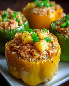Stuffed bell peppers filled with chicken and pineapple for a tasty meal
