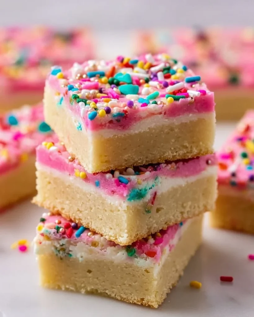 Delicious homemade Sugar Cookie Bars topped with frosting and colorful sprinkles.
