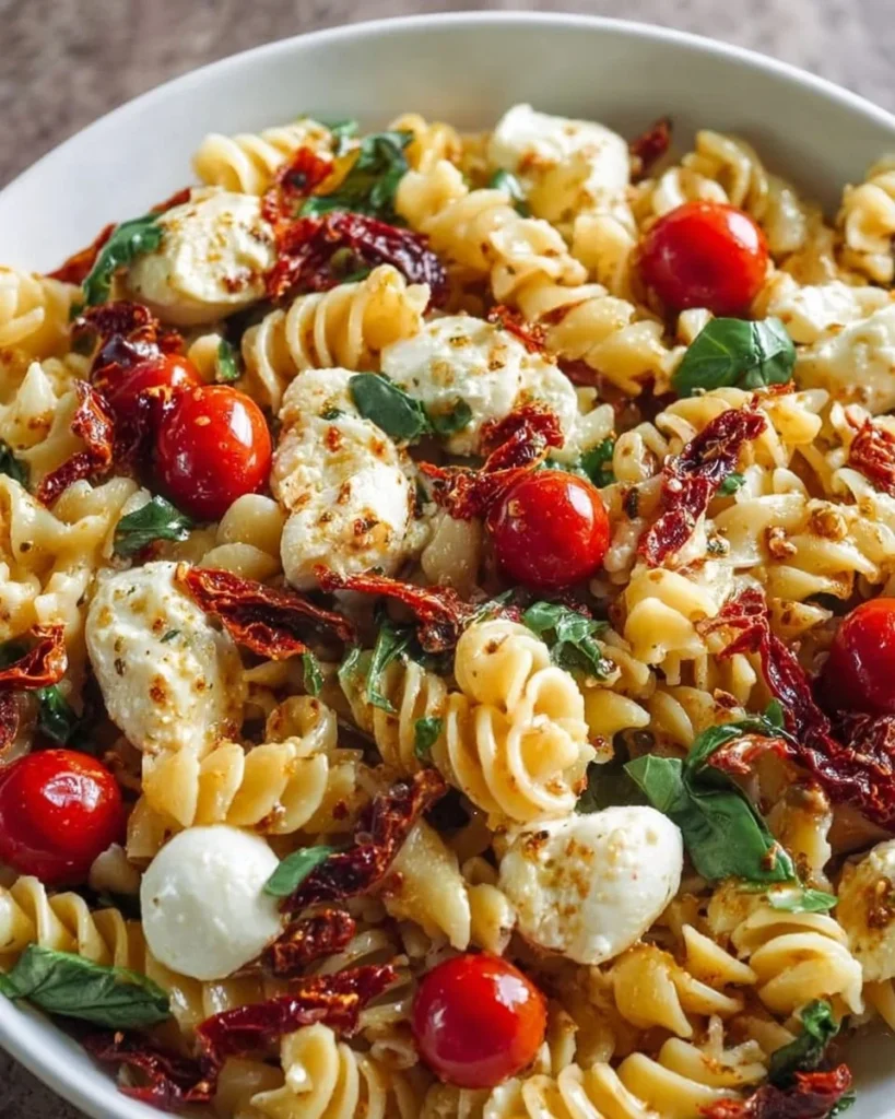 A bowl of sun dried tomato pasta salad with fresh ingredients and vibrant colors.