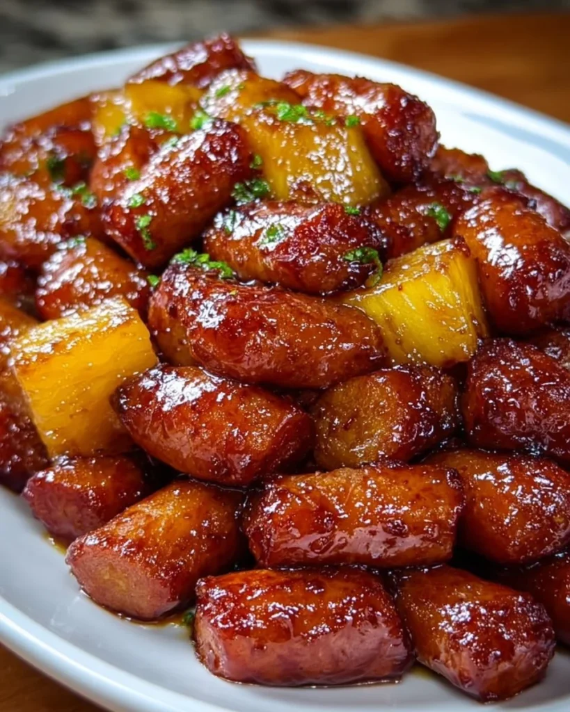 Delicious sweet spicy pineapple jalapeño smokies served on a platter.