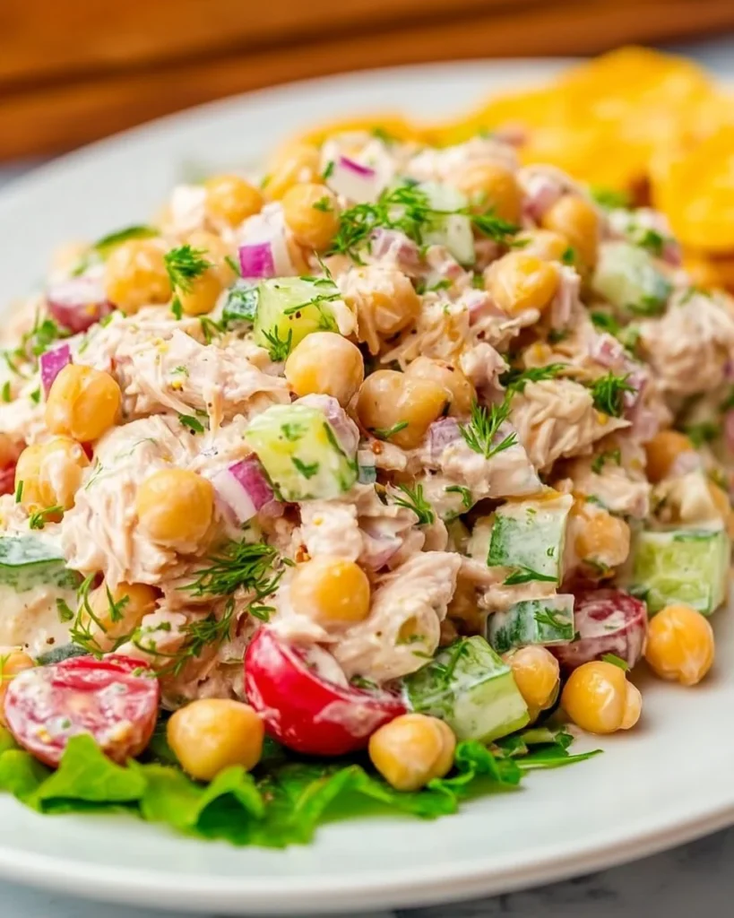 Tuna Chickpea Salad with fresh ingredients in a bowl